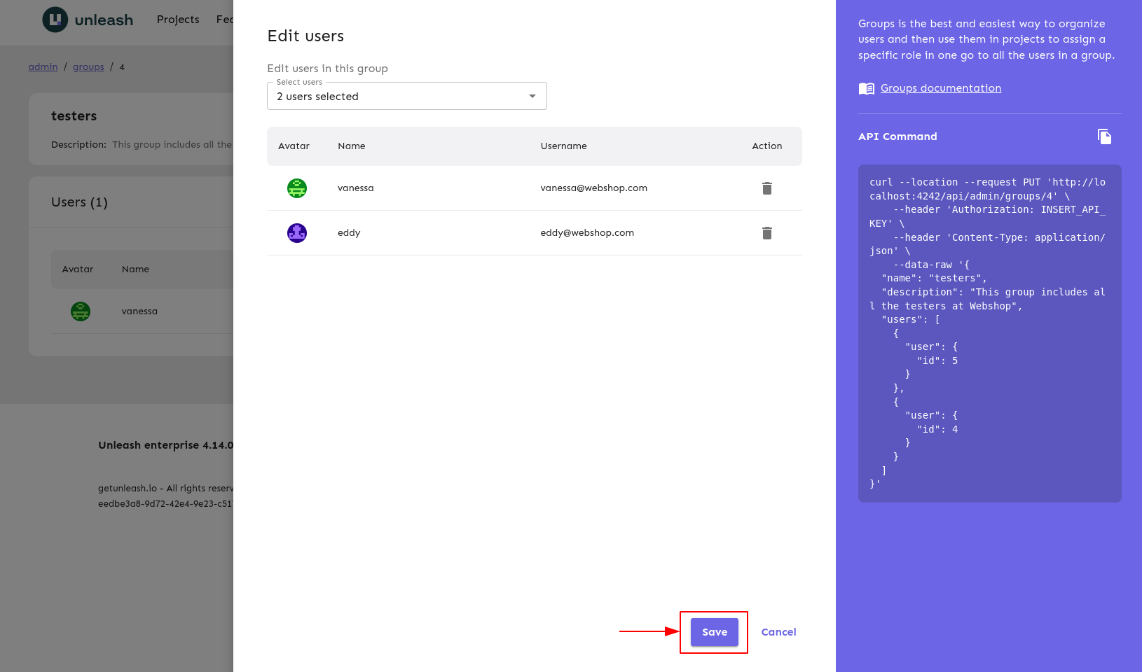 The edit groups page shown with the save button highlighted.