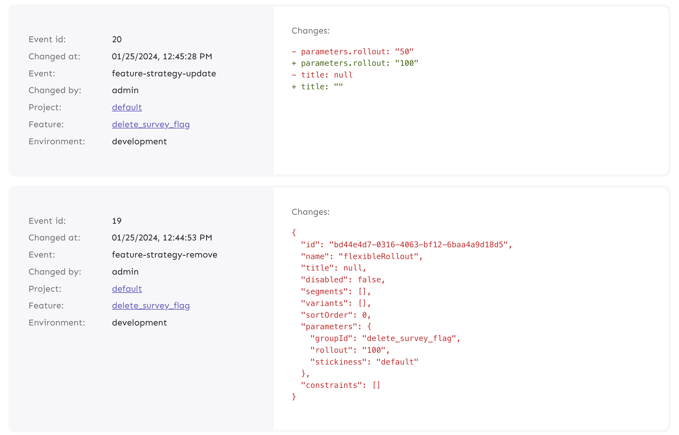 Event logs in Unleash track every single change made to flags, similar to Git commit history.